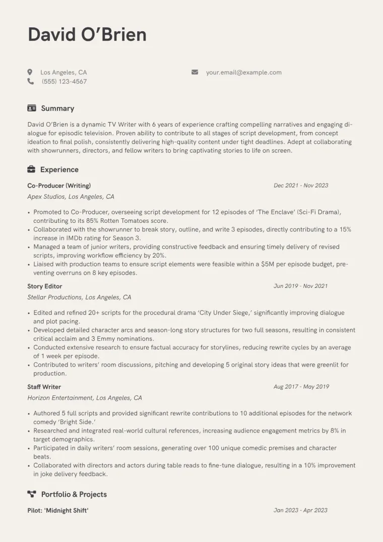 TV Writer Resume Example CV template preview