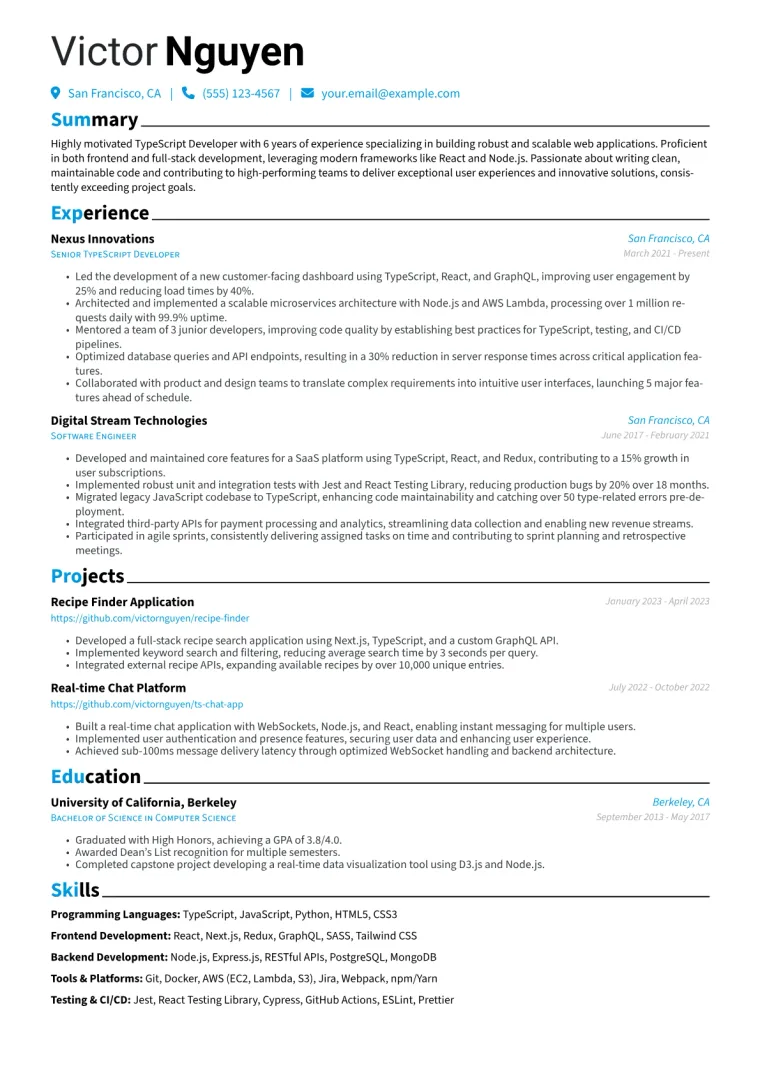 TypeScript Developer Resume Example CV template preview