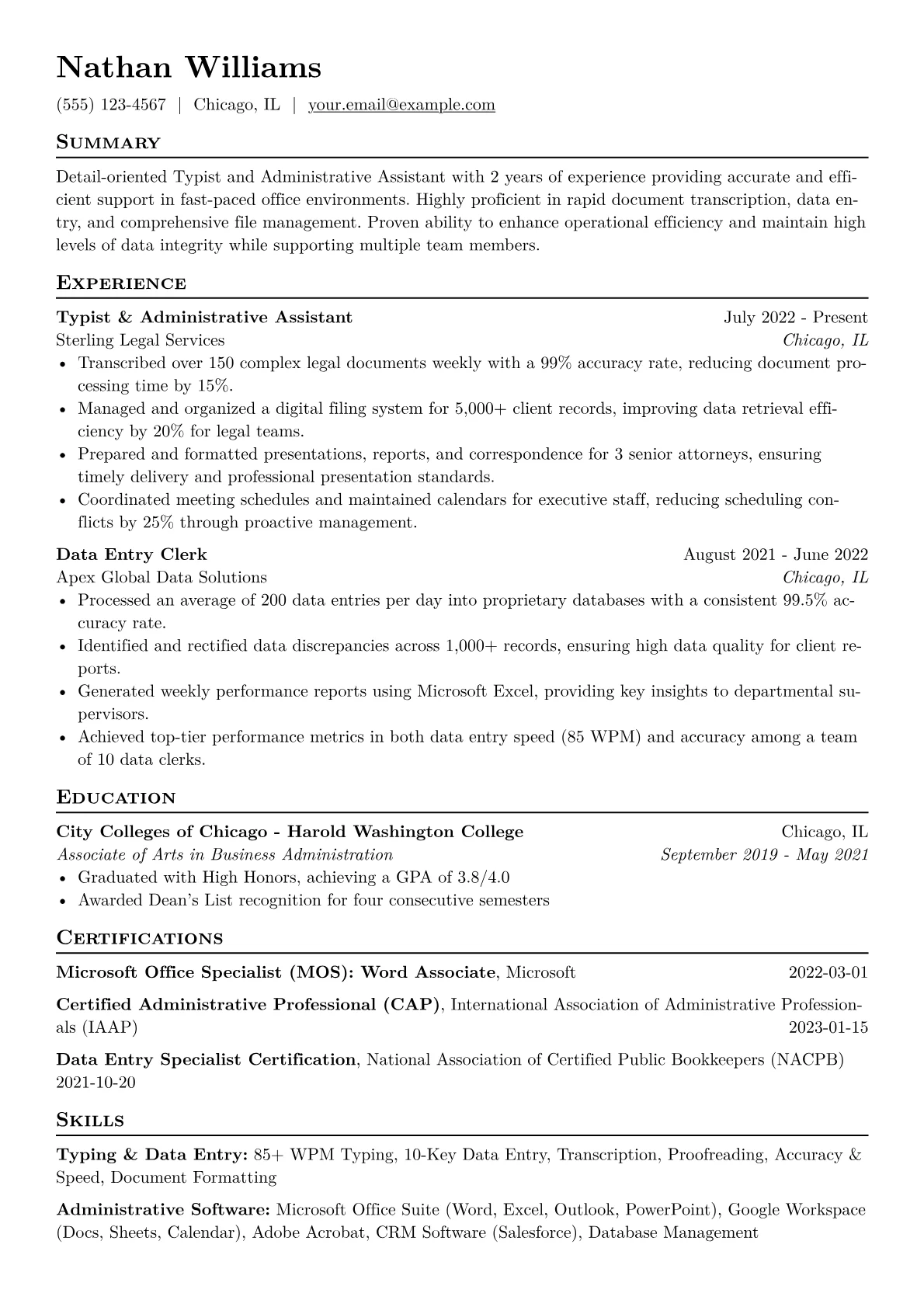 Typist Resume Example CV template - Page 1
