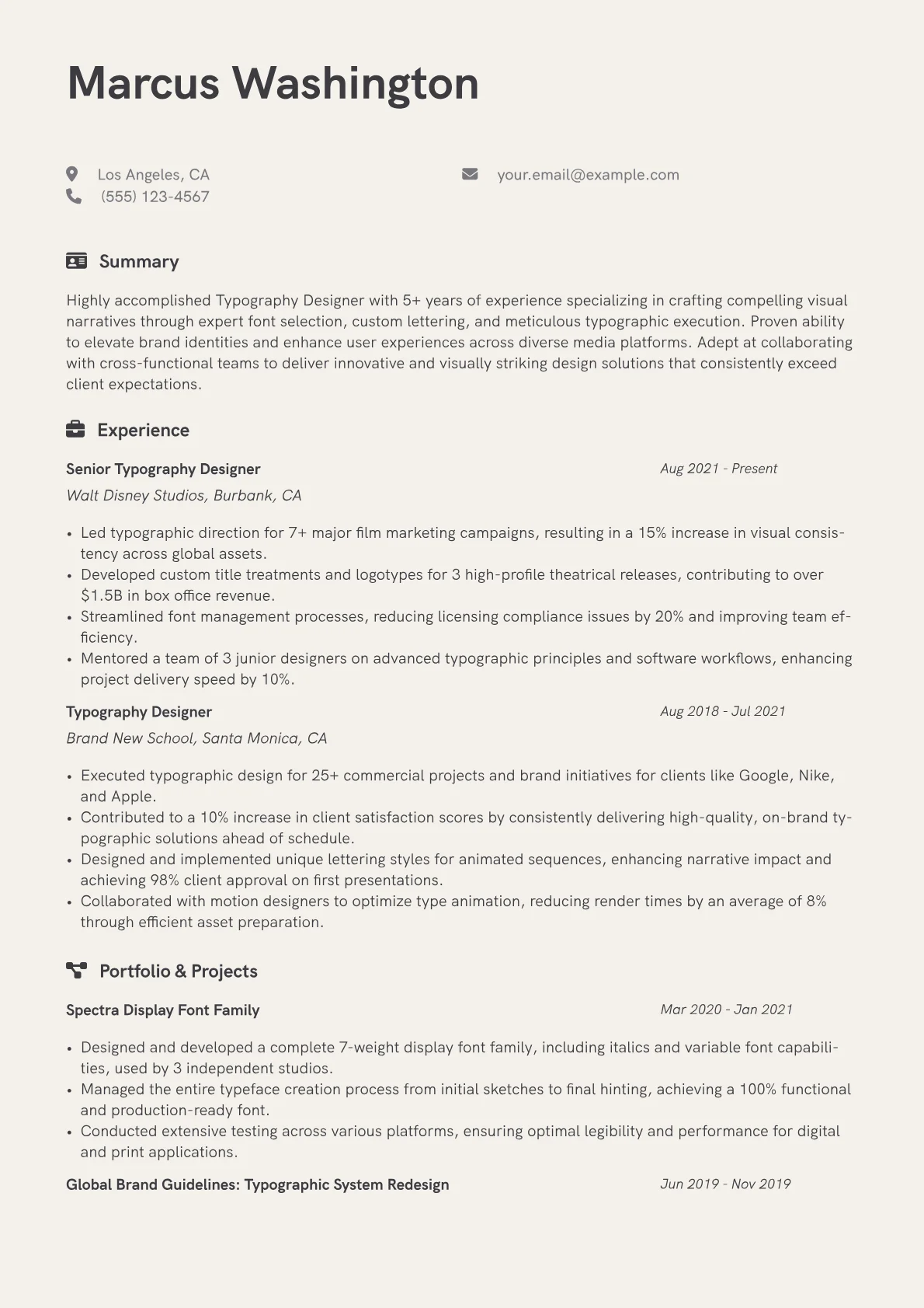 Typography Designer Resume Example CV template - Page 1