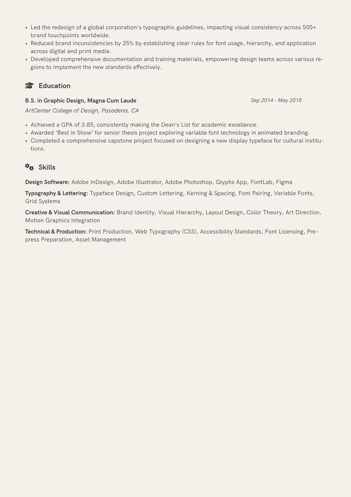 Typography Designer Resume Example CV template - Page 2