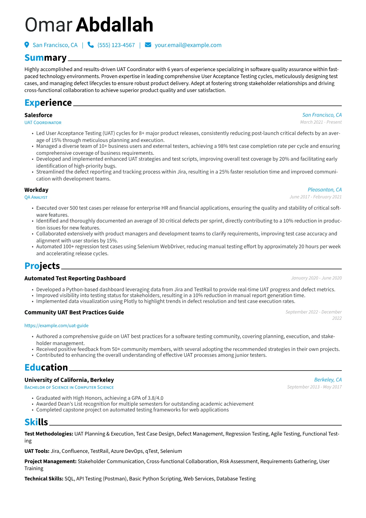 UAT Coordinator Resume Example CV template - Page 1