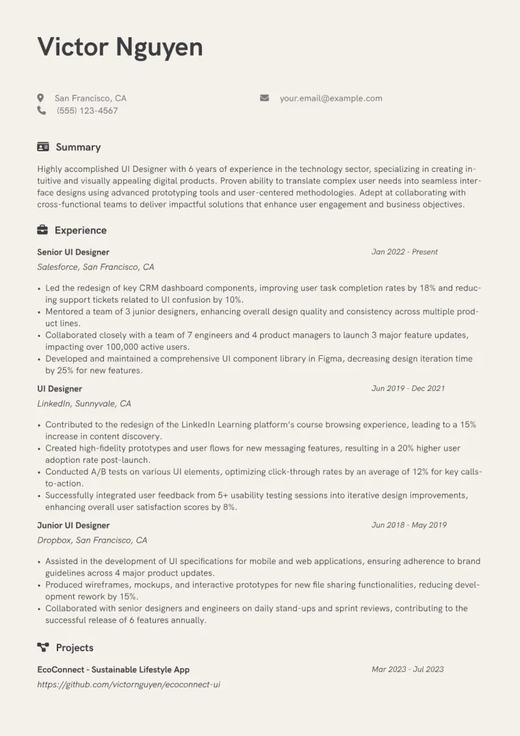 UI Designer Resume Example CV template preview