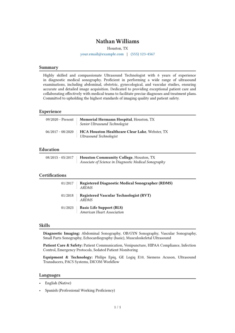 Ultrasound Technologist Resume Example CV template preview