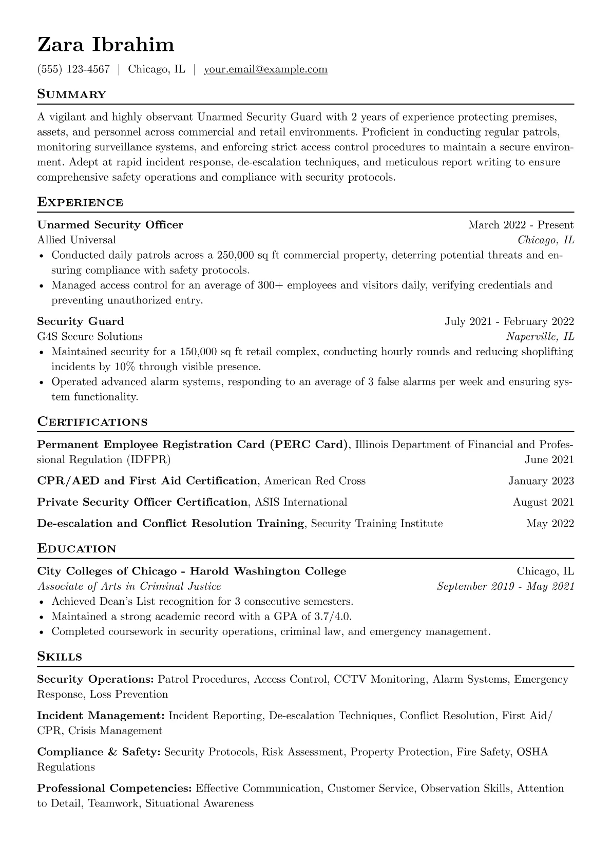 Unarmed Security Guard Resume Example CV template - Page 1