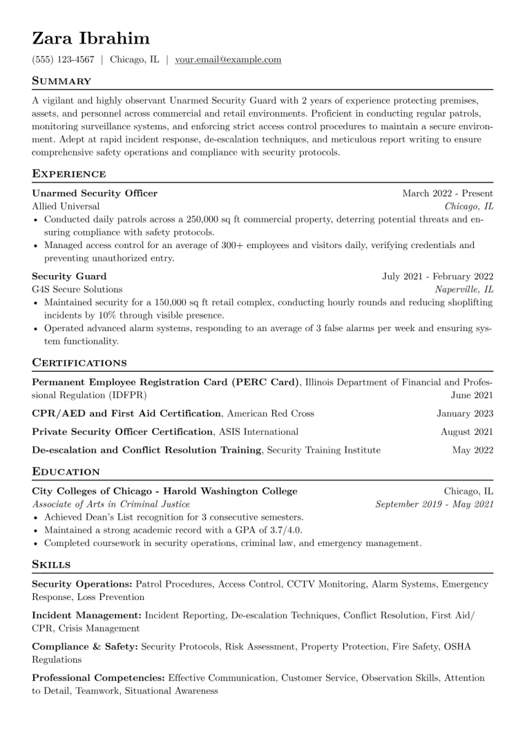 Unarmed Security Guard Resume Example CV template preview