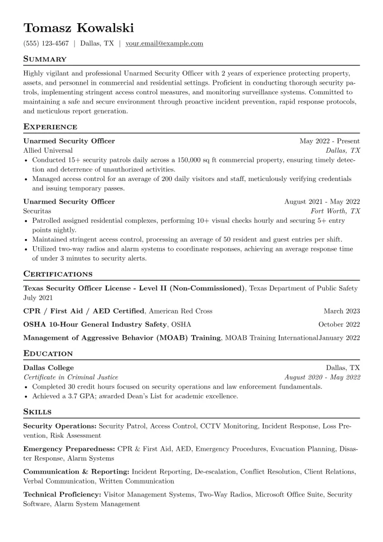 Unarmed Security Officer Resume Example CV template preview