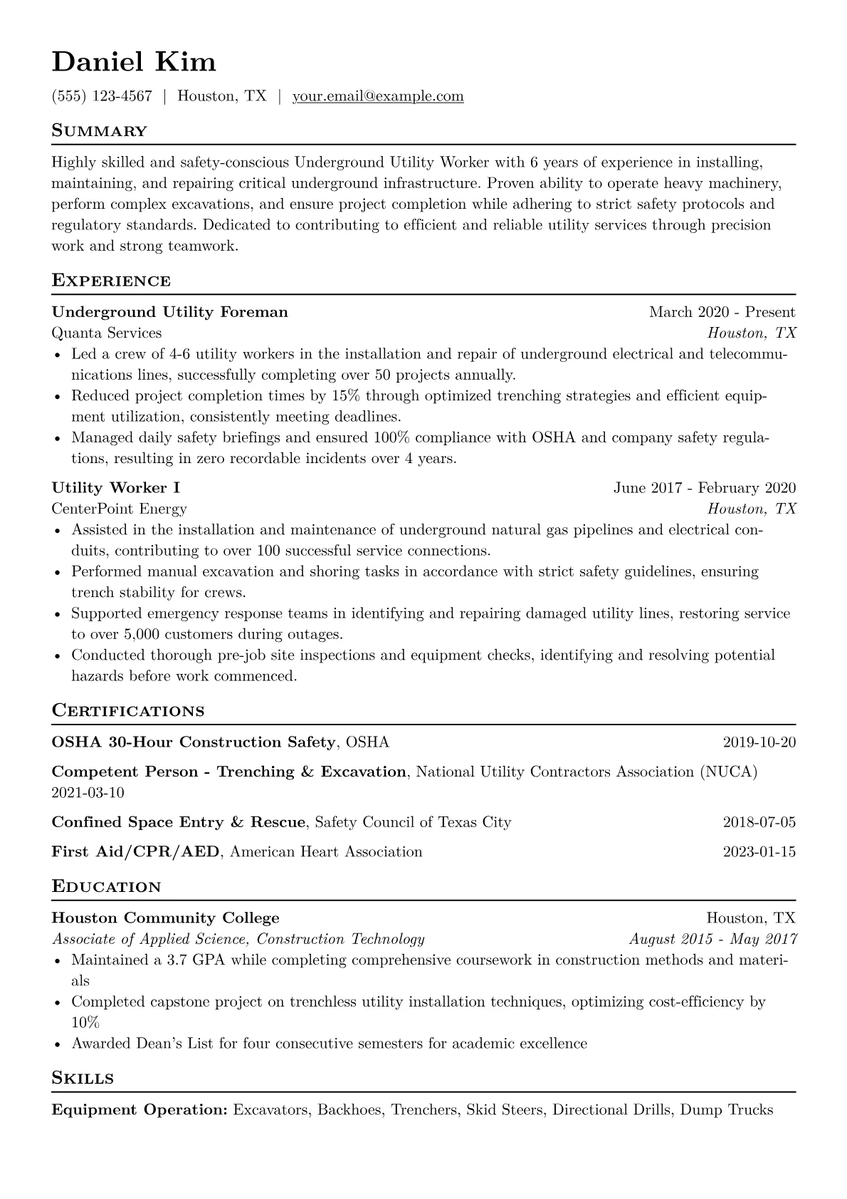 Underground Utility Worker Resume Example CV template - Page 1