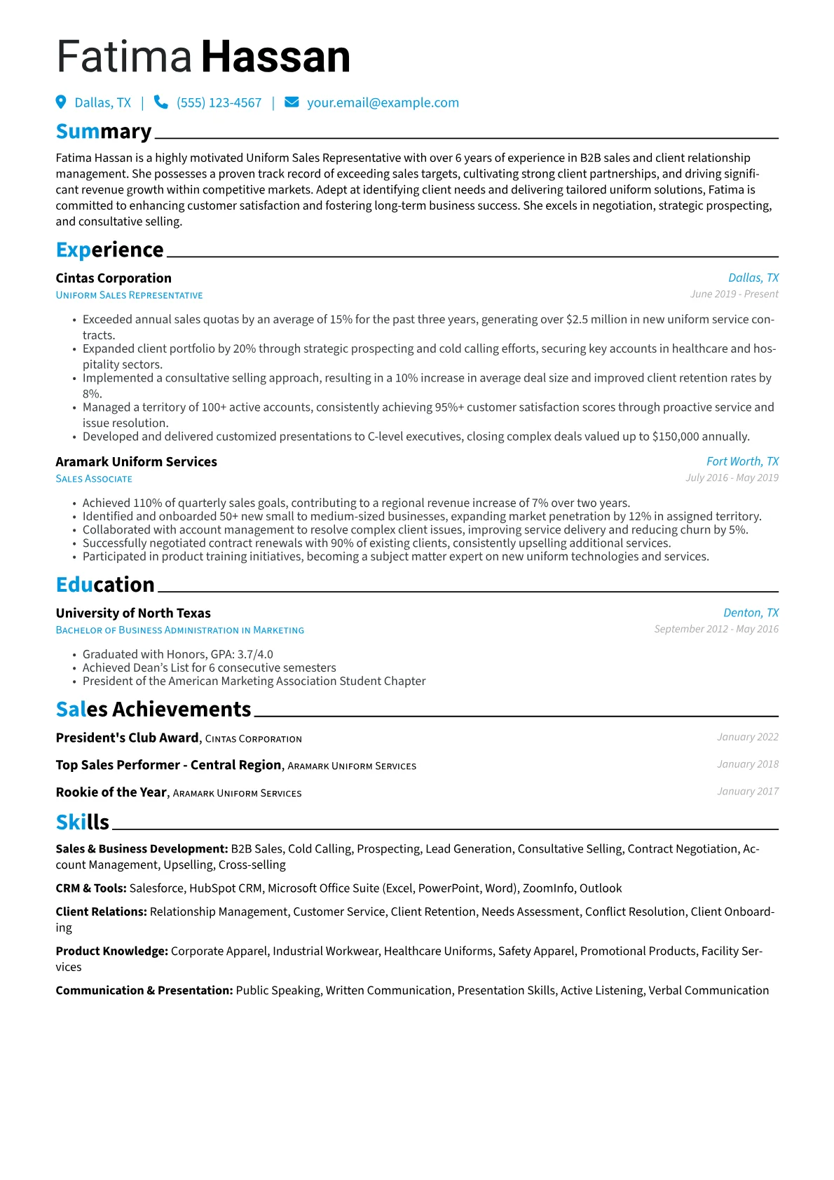 Uniform Sales Representative Resume Example CV template - Page 1