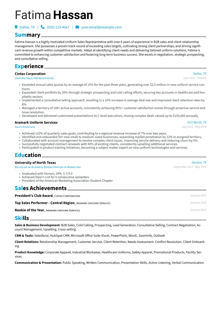 Uniform Sales Representative Resume Example CV template preview