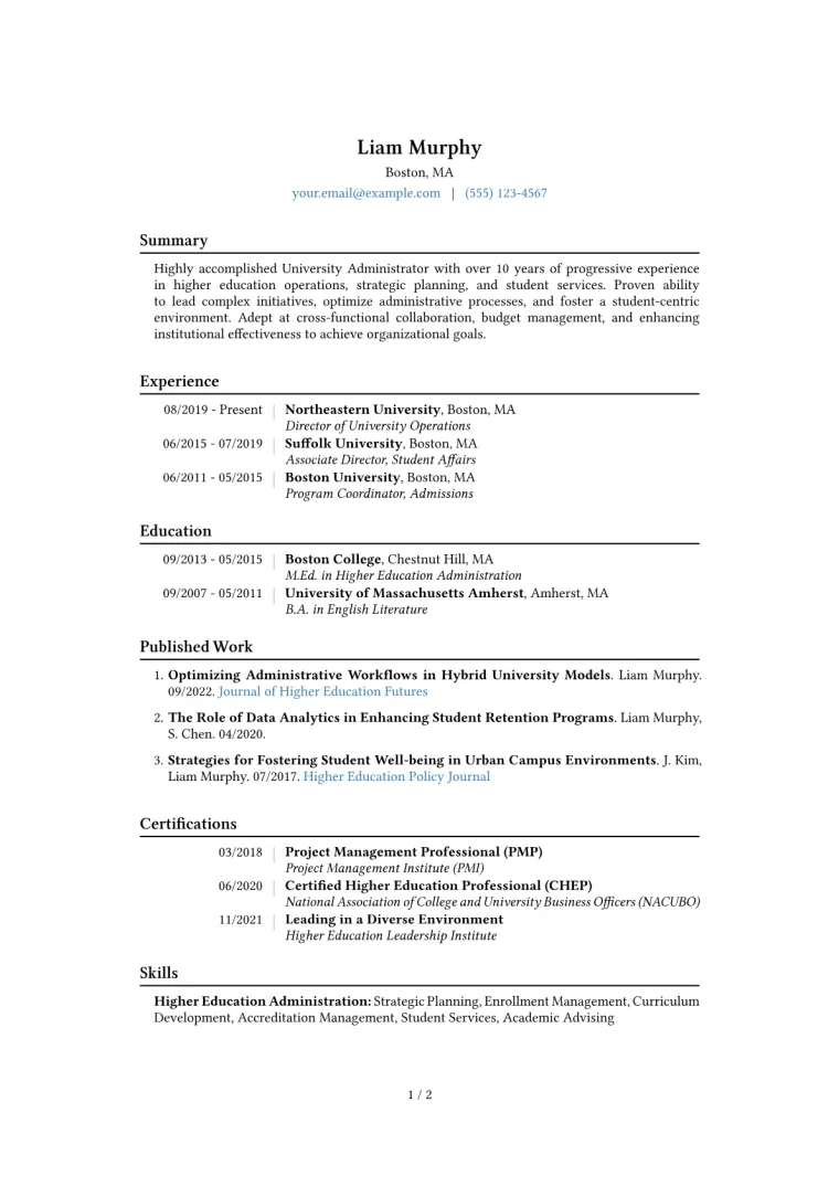 University Administrator Resume Example CV template preview