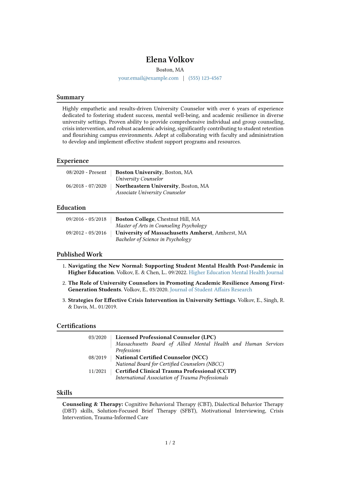 University Counselor Resume Example CV template - Page 1
