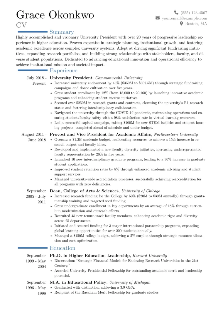 University President Resume Example CV template preview
