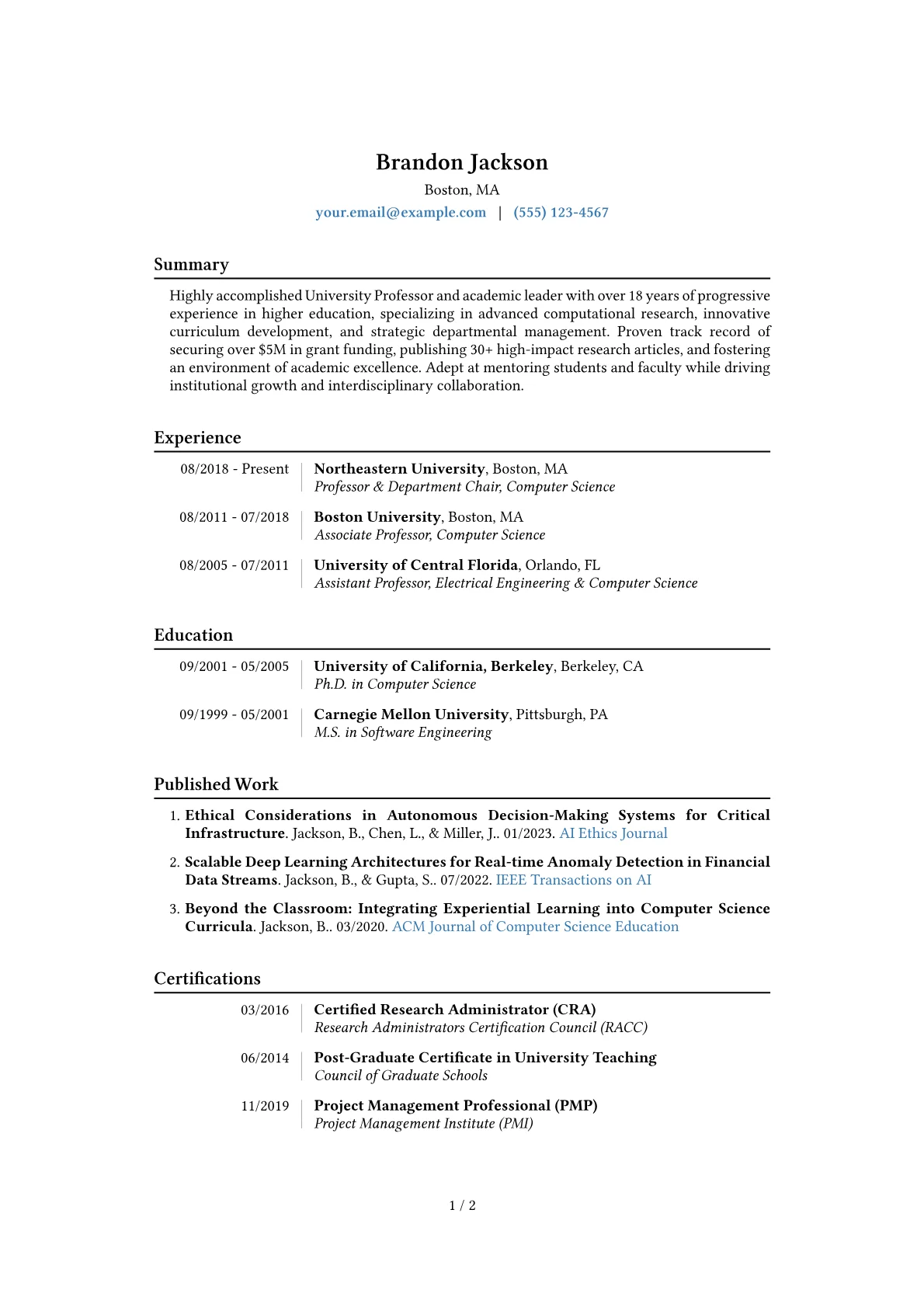 University Professor Resume Example CV template - Page 1