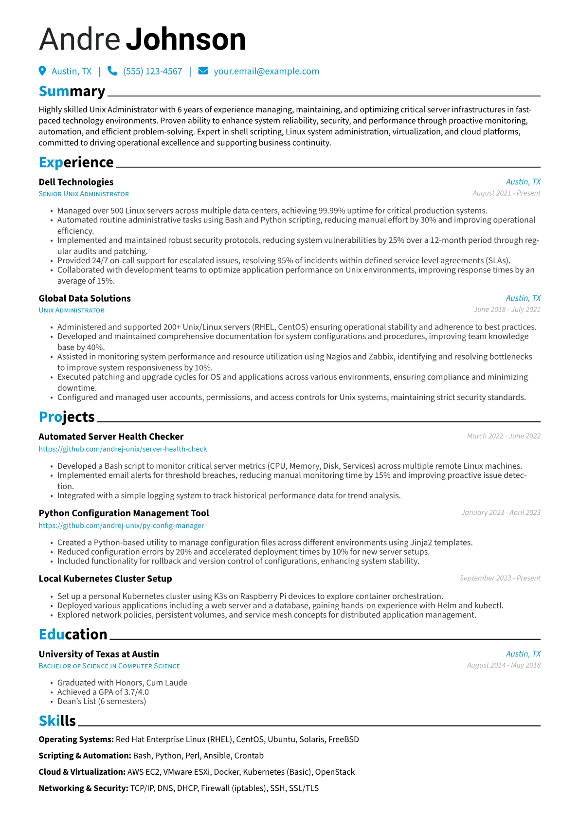 Unix Administrator Resume Example CV template - Page 1