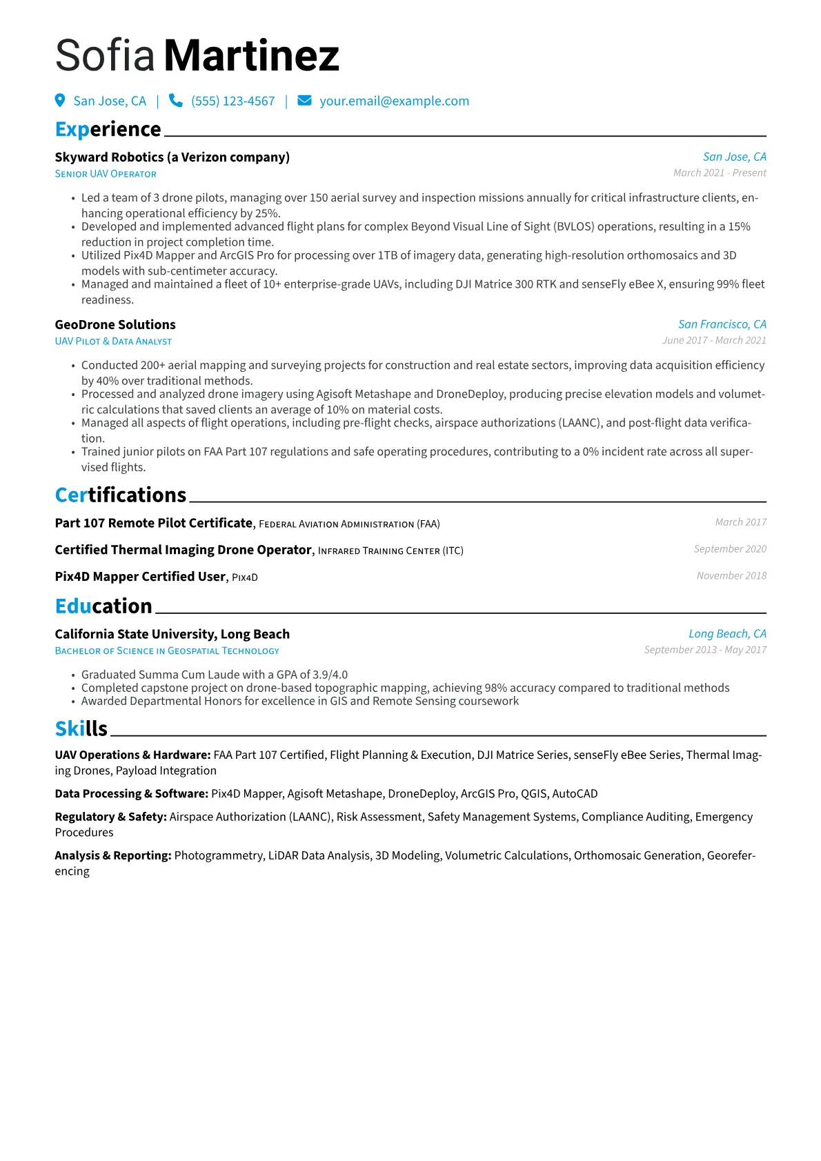 UAV Operator Resume Example CV template - Page 1