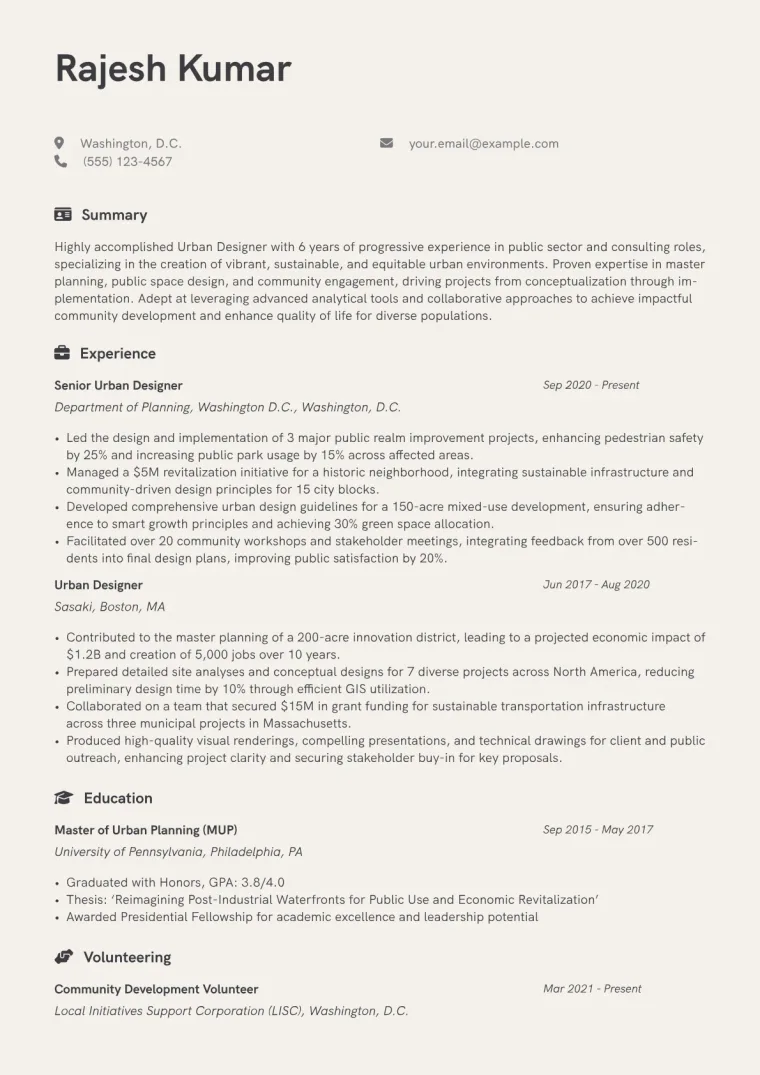 Urban Designer Resume Example CV template preview