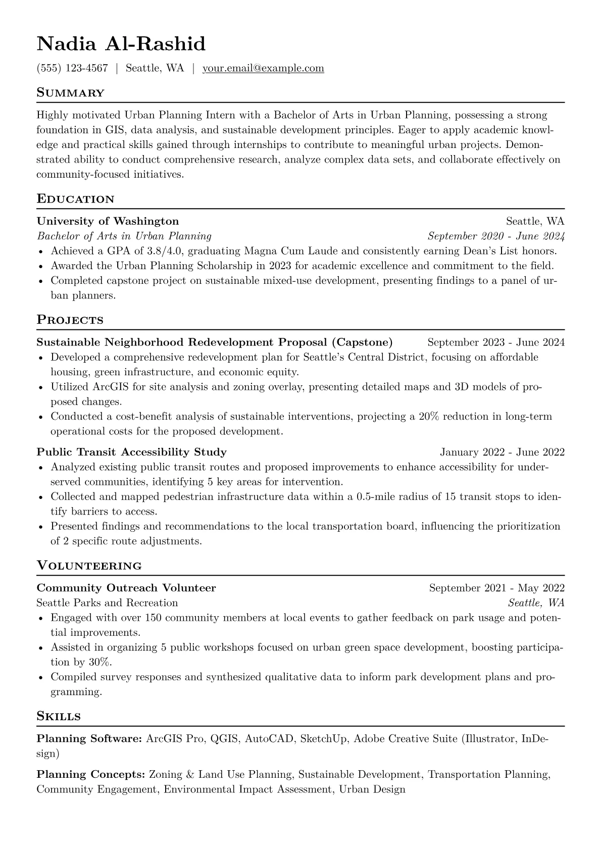 Urban Planning Intern Resume Example CV template - Page 1