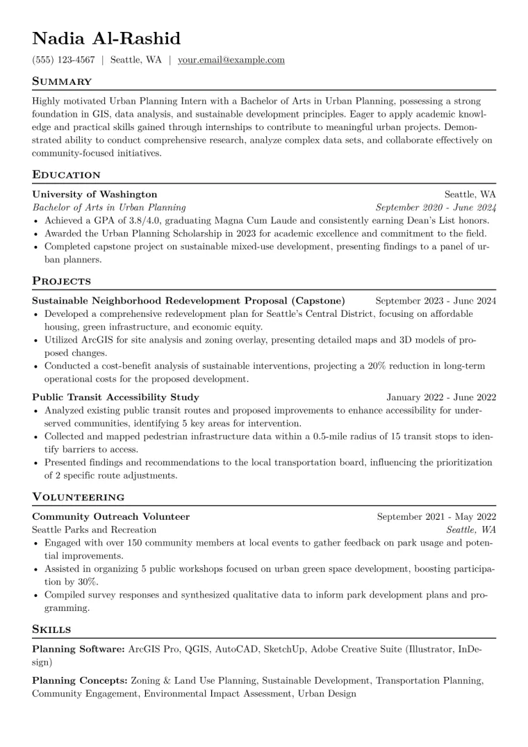 Urban Planning Intern Resume Example CV template preview