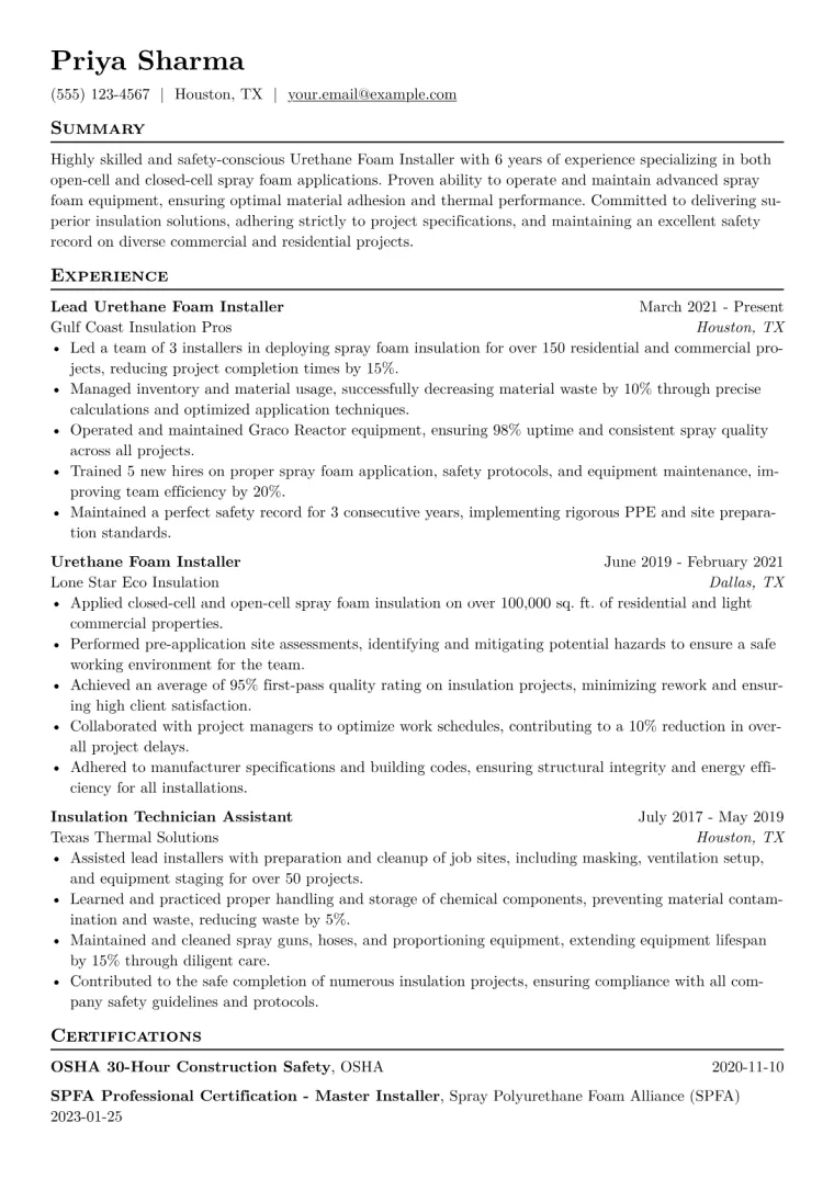 Urethane Foam Installer Resume Example CV template preview
