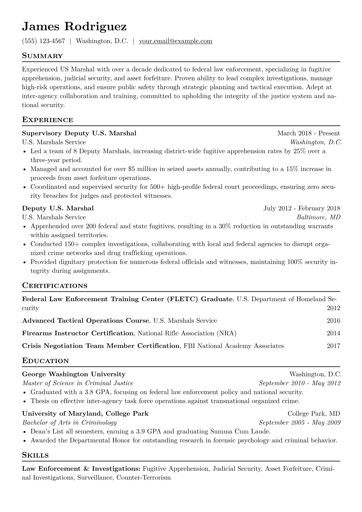 US Marshal Resume Example CV template - Page 1