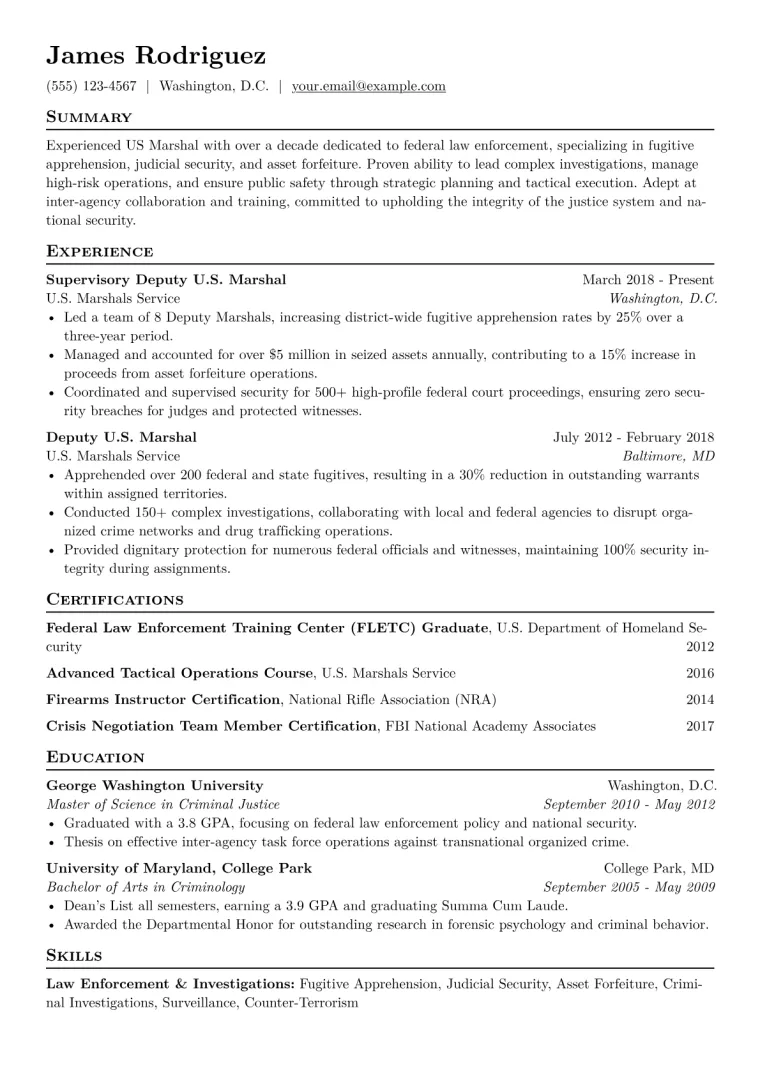 US Marshal Resume Example CV template preview