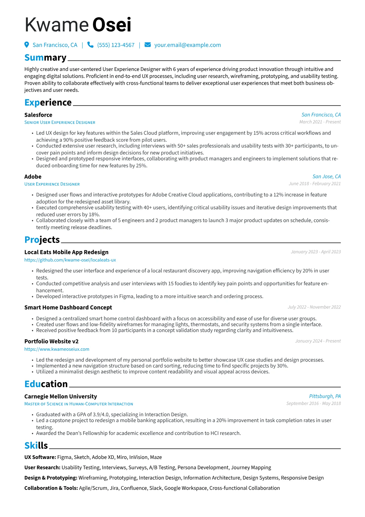 User Experience Designer Resume Example CV template - Page 1