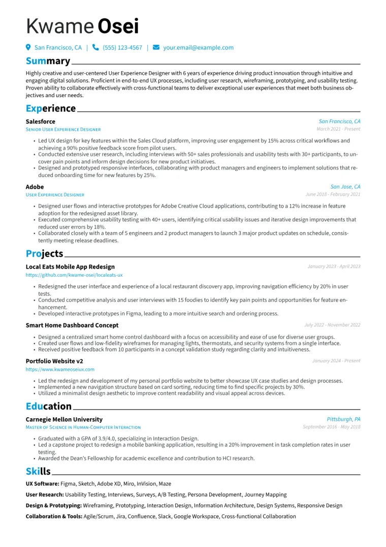User Experience Designer Resume Example