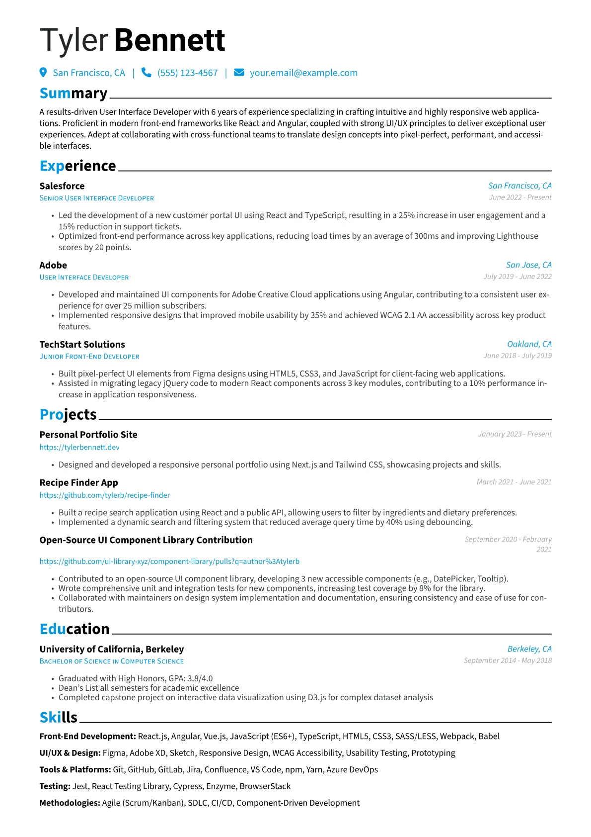 User Interface Developer Resume Example CV template - Page 1