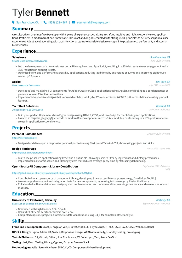 User Interface Developer Resume Example CV template preview