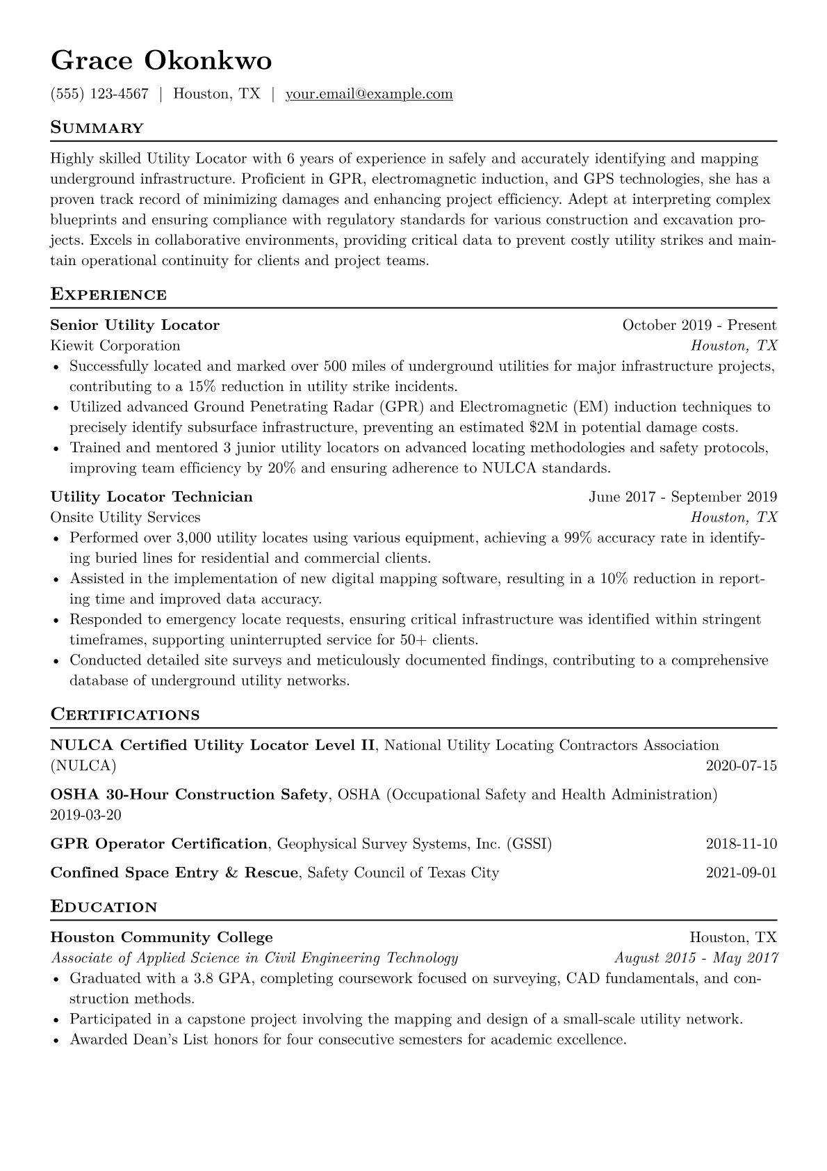 Utility Locator Resume Example CV template - Page 1