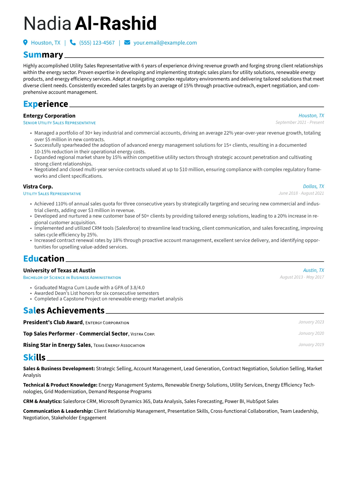 Utility Sales Representative Resume Example CV template - Page 1