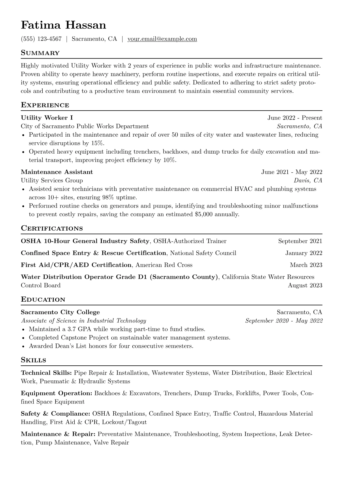 Utility Worker Resume Example CV template - Page 1
