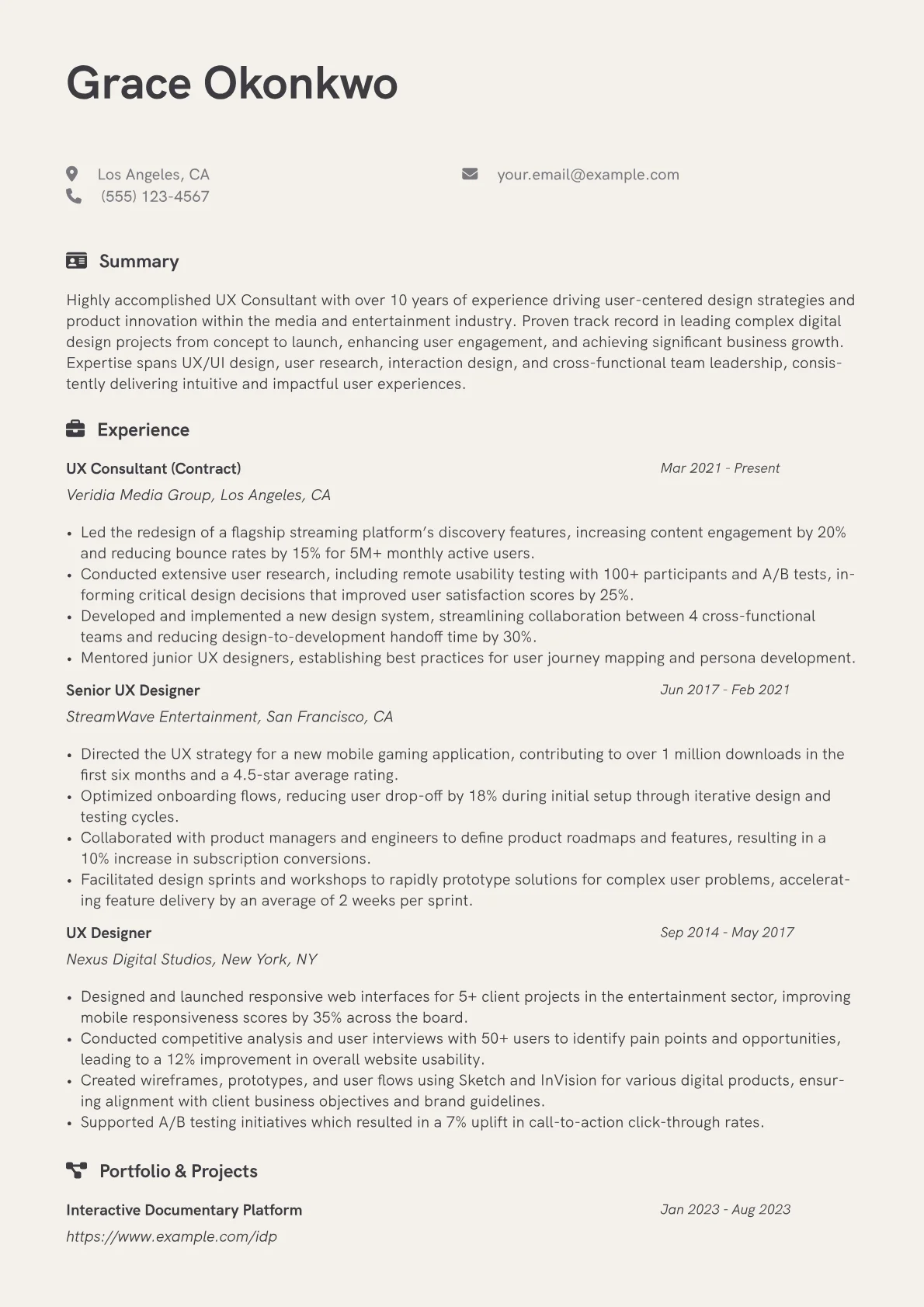 UX Consultant Resume Example CV template - Page 1