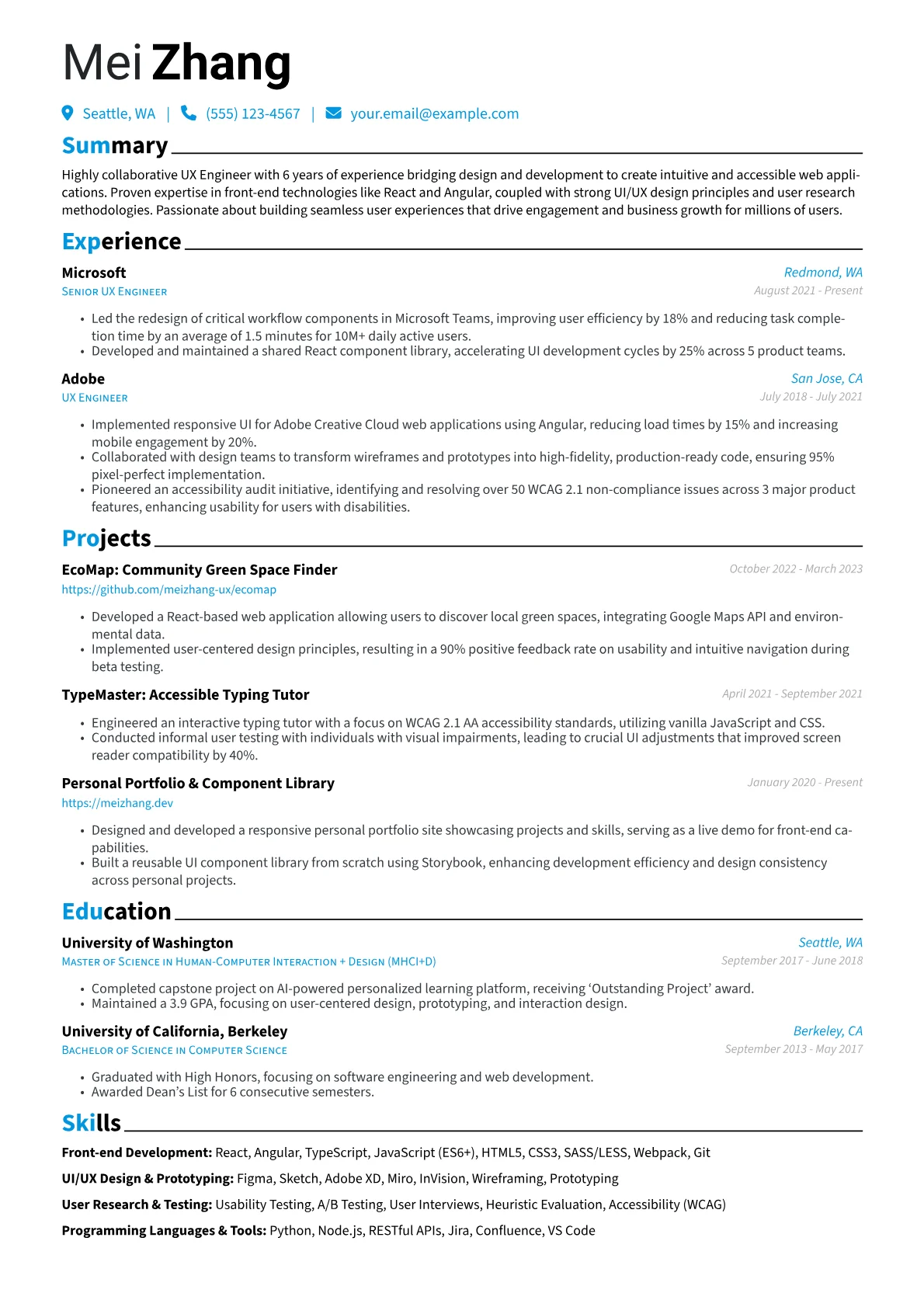 UX Engineer Resume Example CV template - Page 1