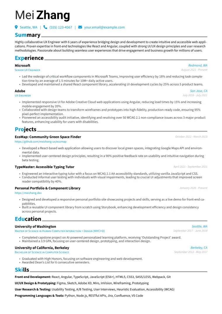 UX Engineer Resume Example CV template preview