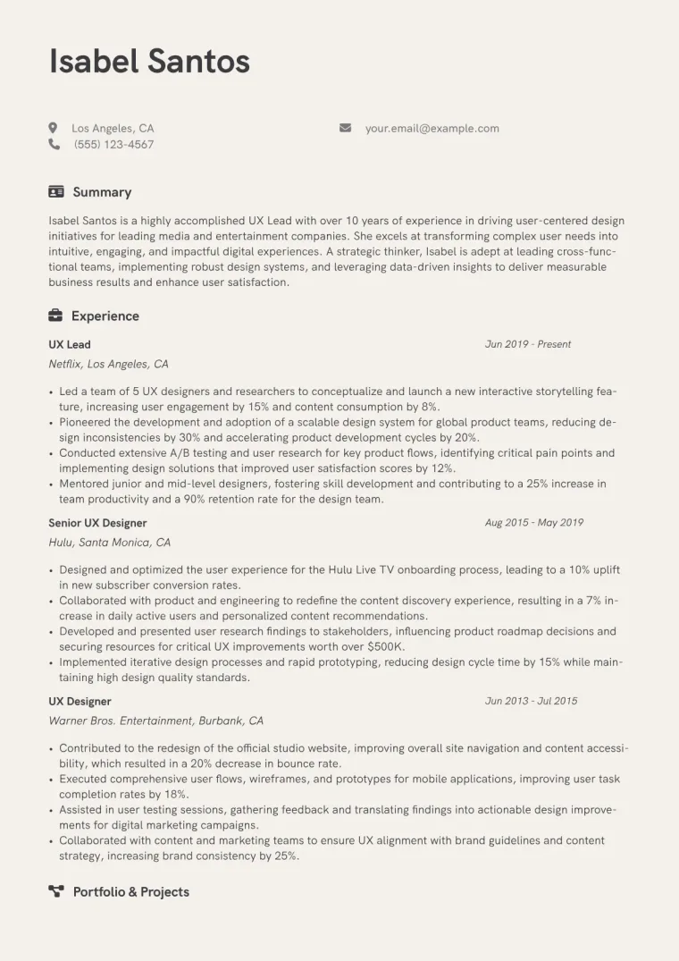 UX Lead Resume Example CV template preview