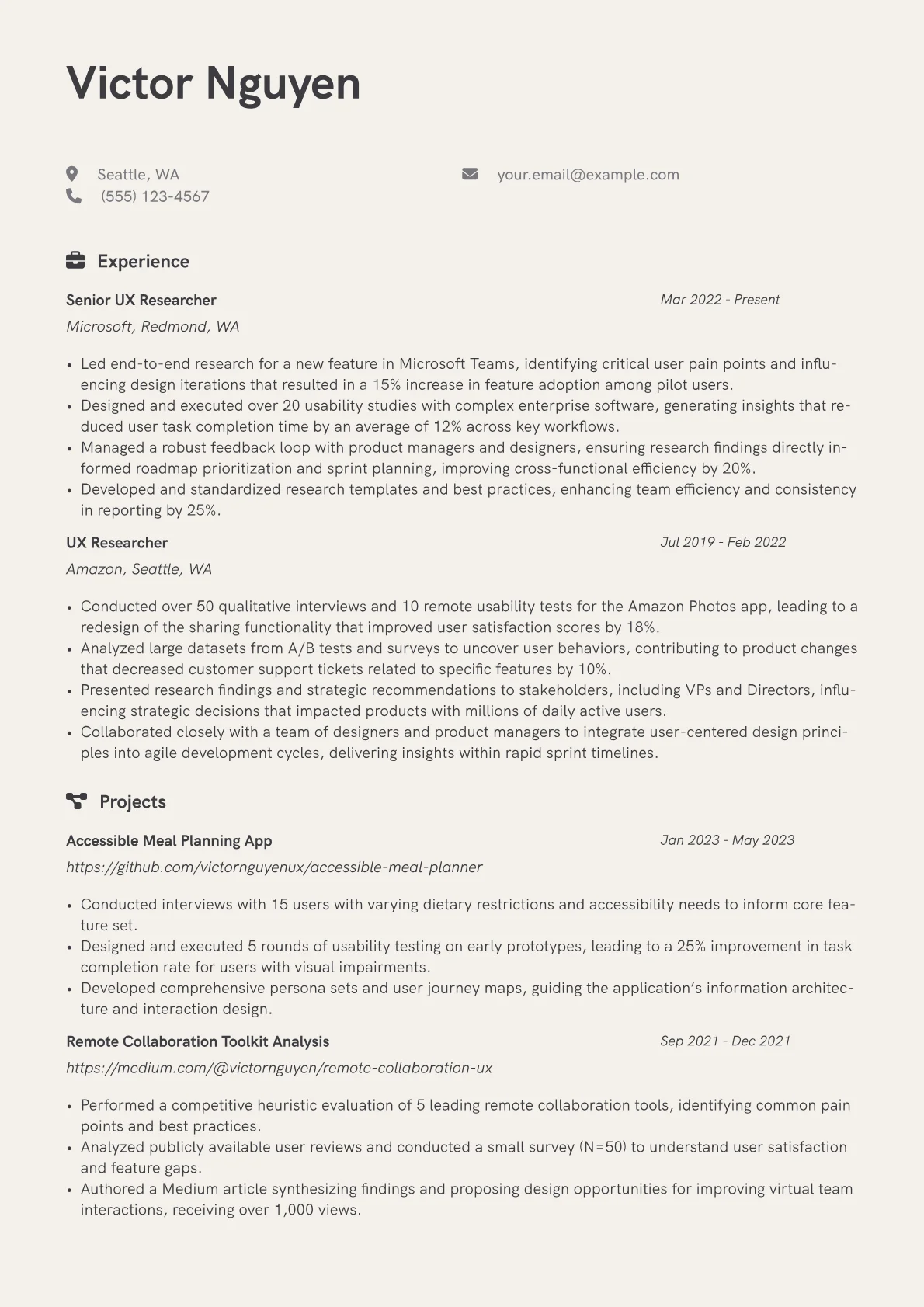 UX Researcher Resume Example CV template - Page 1