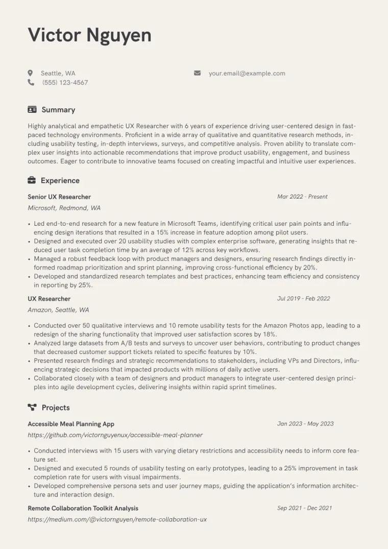 UX Researcher Resume Example CV template preview