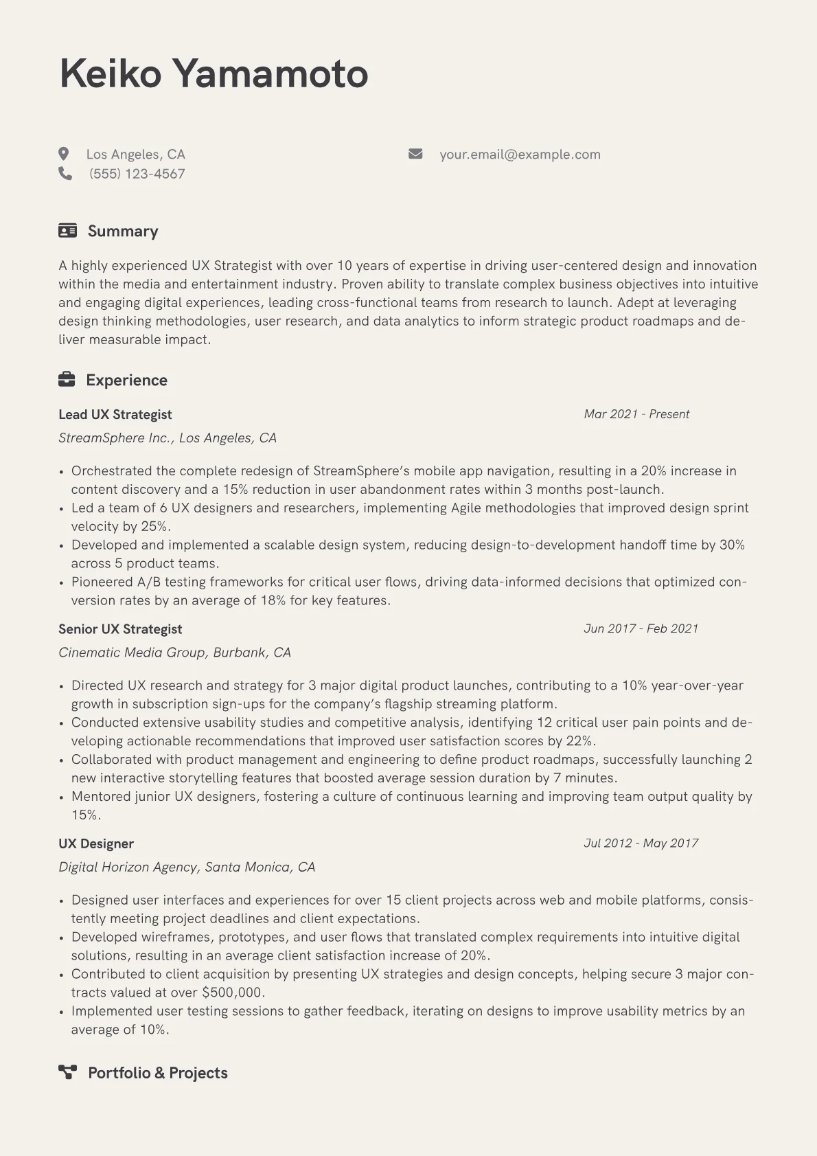 UX Strategist Resume Example CV template - Page 1