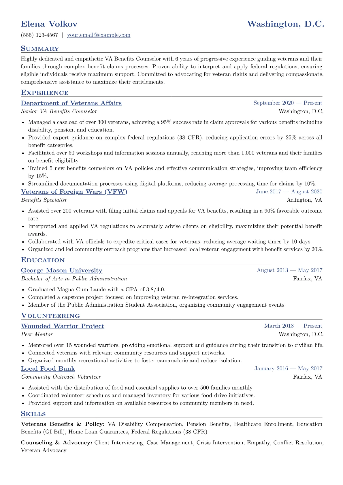 VA Benefits Counselor Resume Example CV template - Page 1