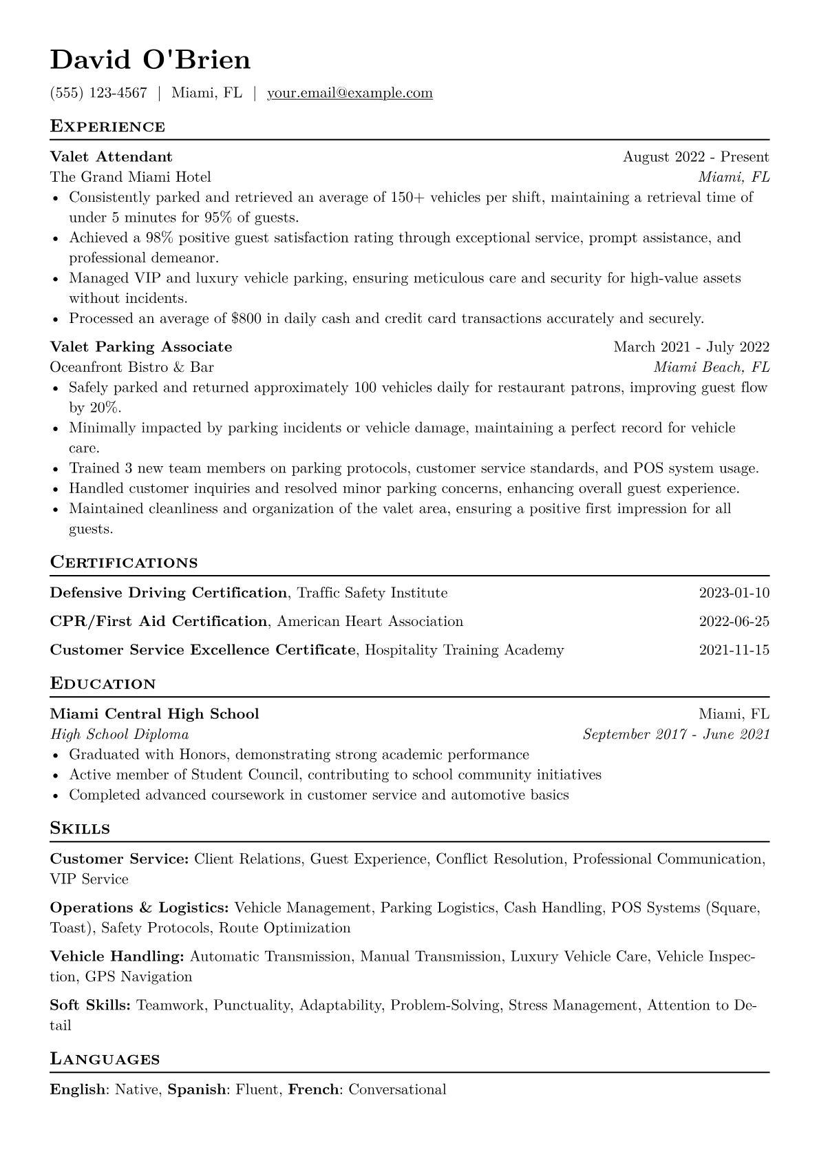 Valet Attendant Resume Example CV template - Page 1