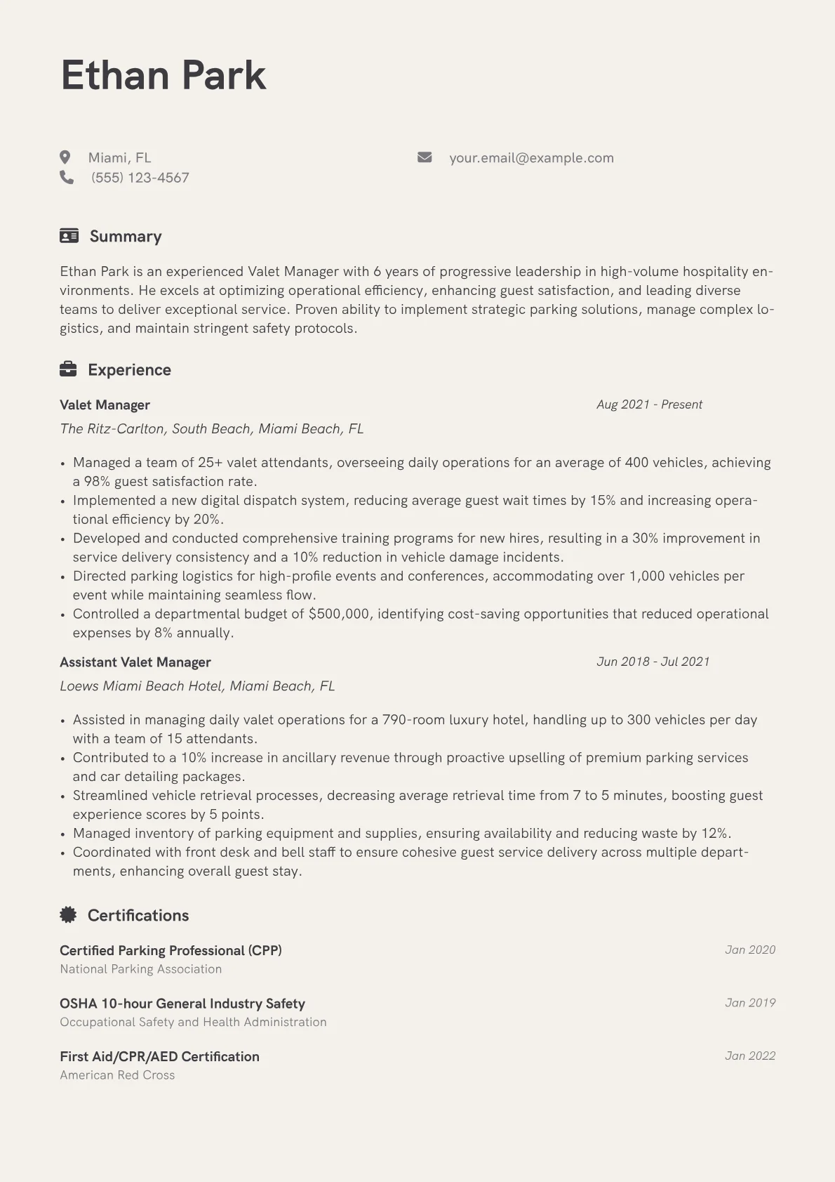 Valet Manager Resume Example CV template - Page 1