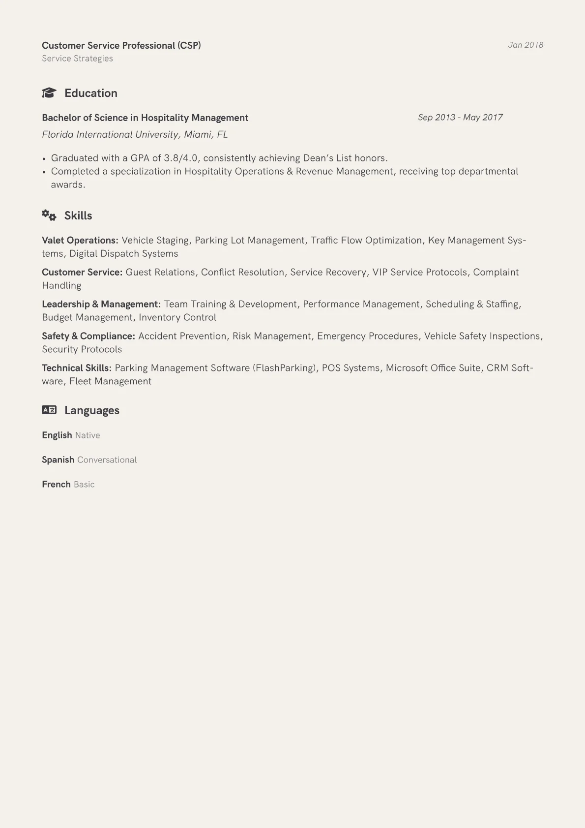 Valet Manager Resume Example CV template - Page 2