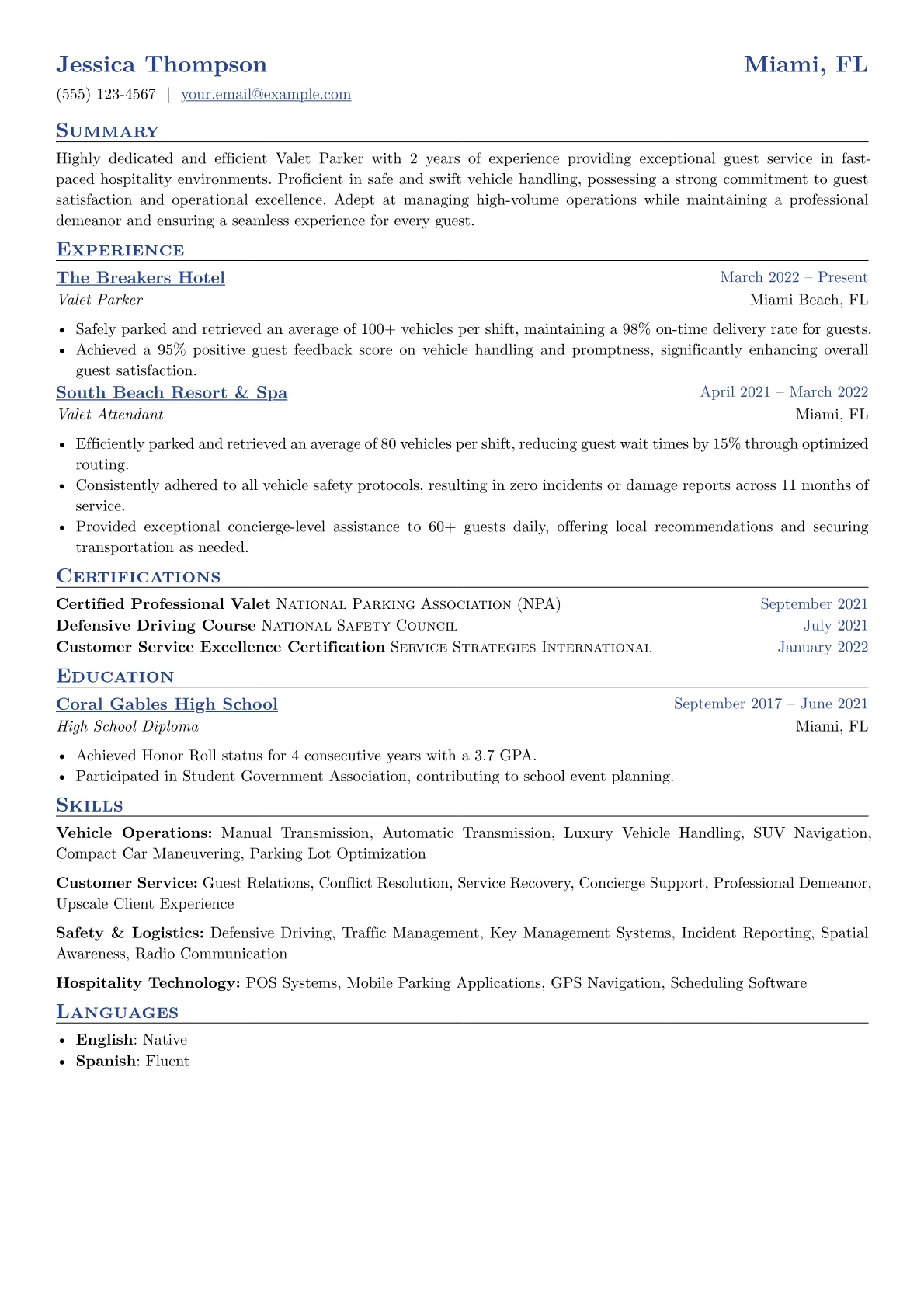 Valet Parker Resume Example CV template - Page 1