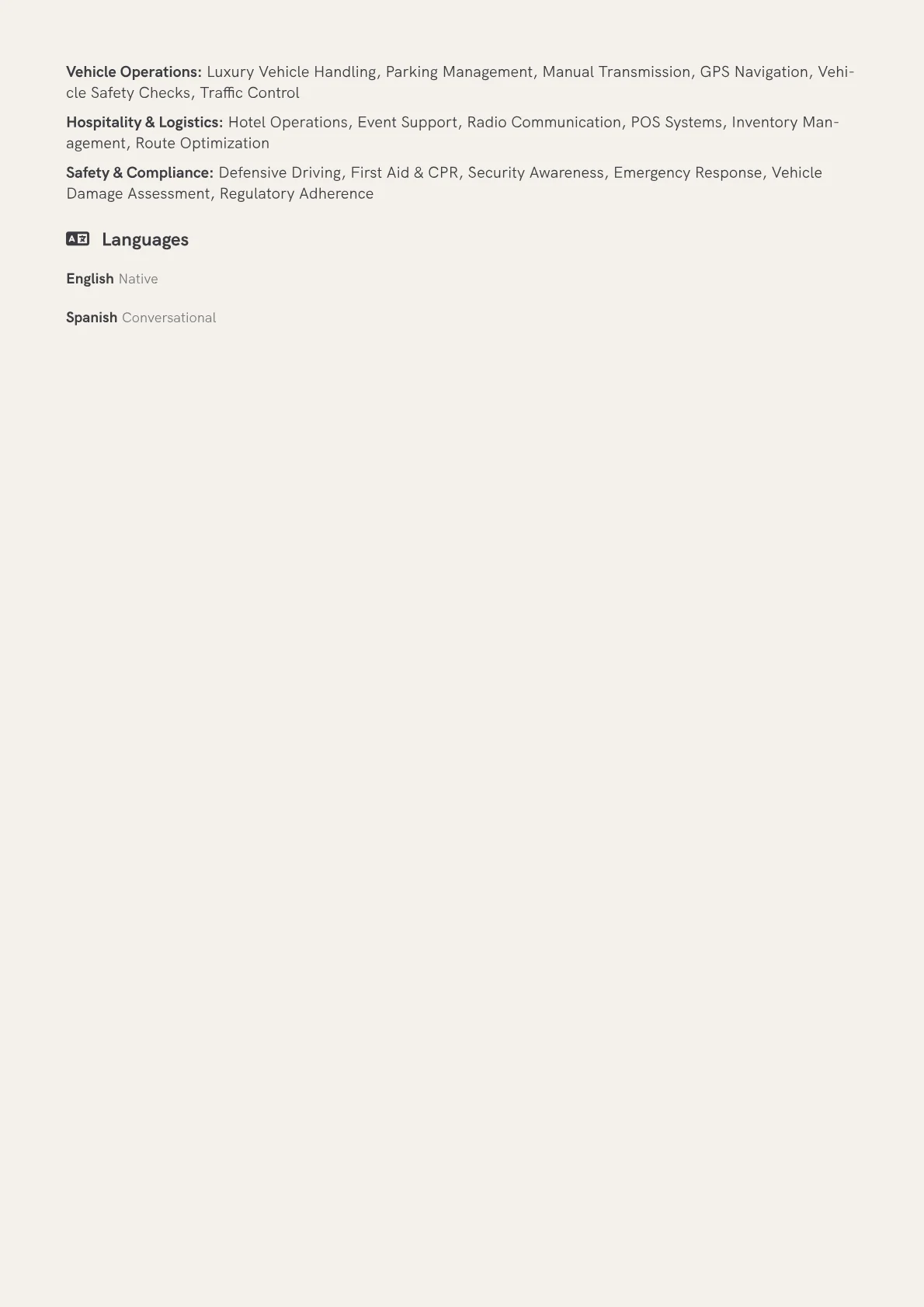 Valet Resume Example CV template - Page 2