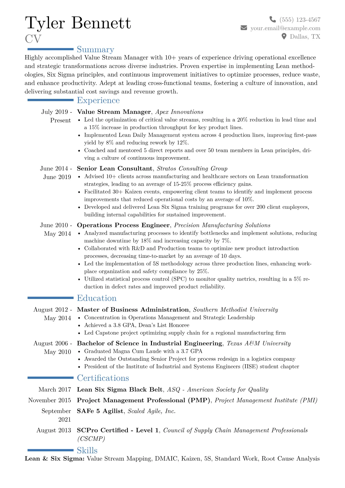 Value Stream Manager Resume Example CV template - Page 1