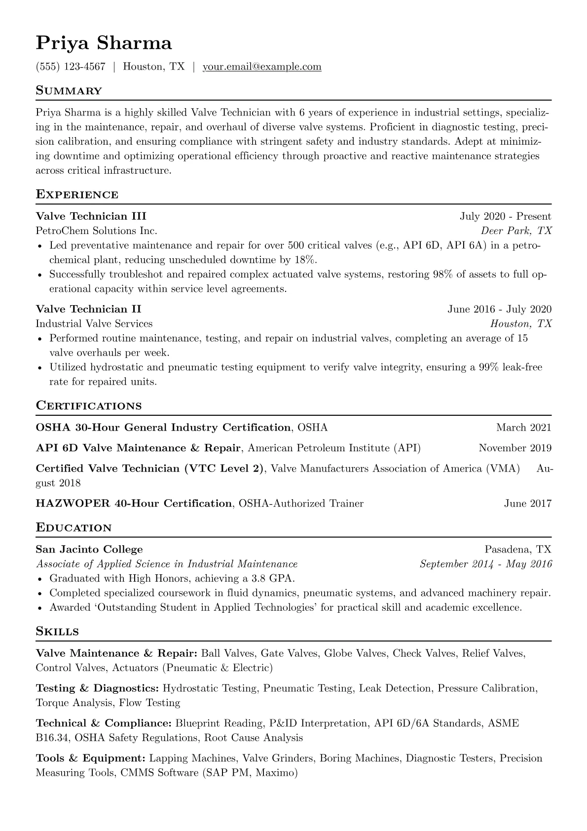 Valve Technician Resume Example CV template - Page 1