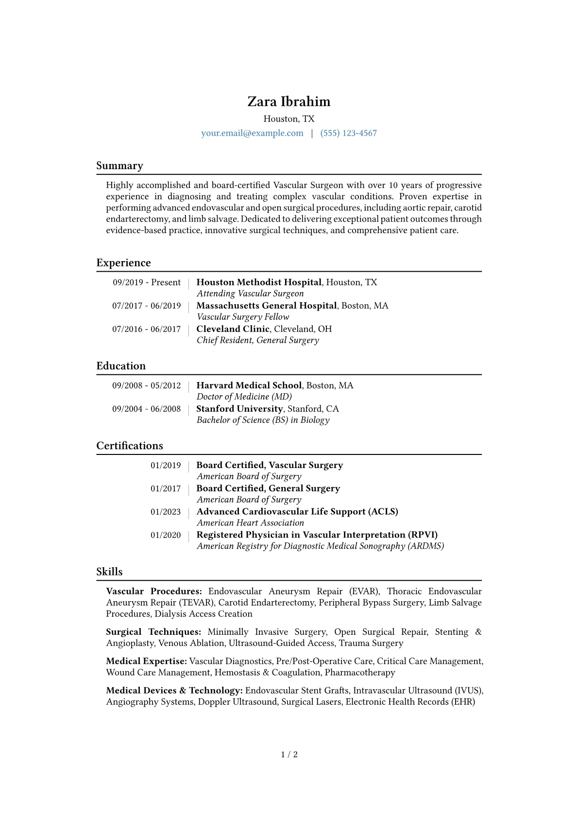 Vascular Surgeon Resume Example CV template - Page 1
