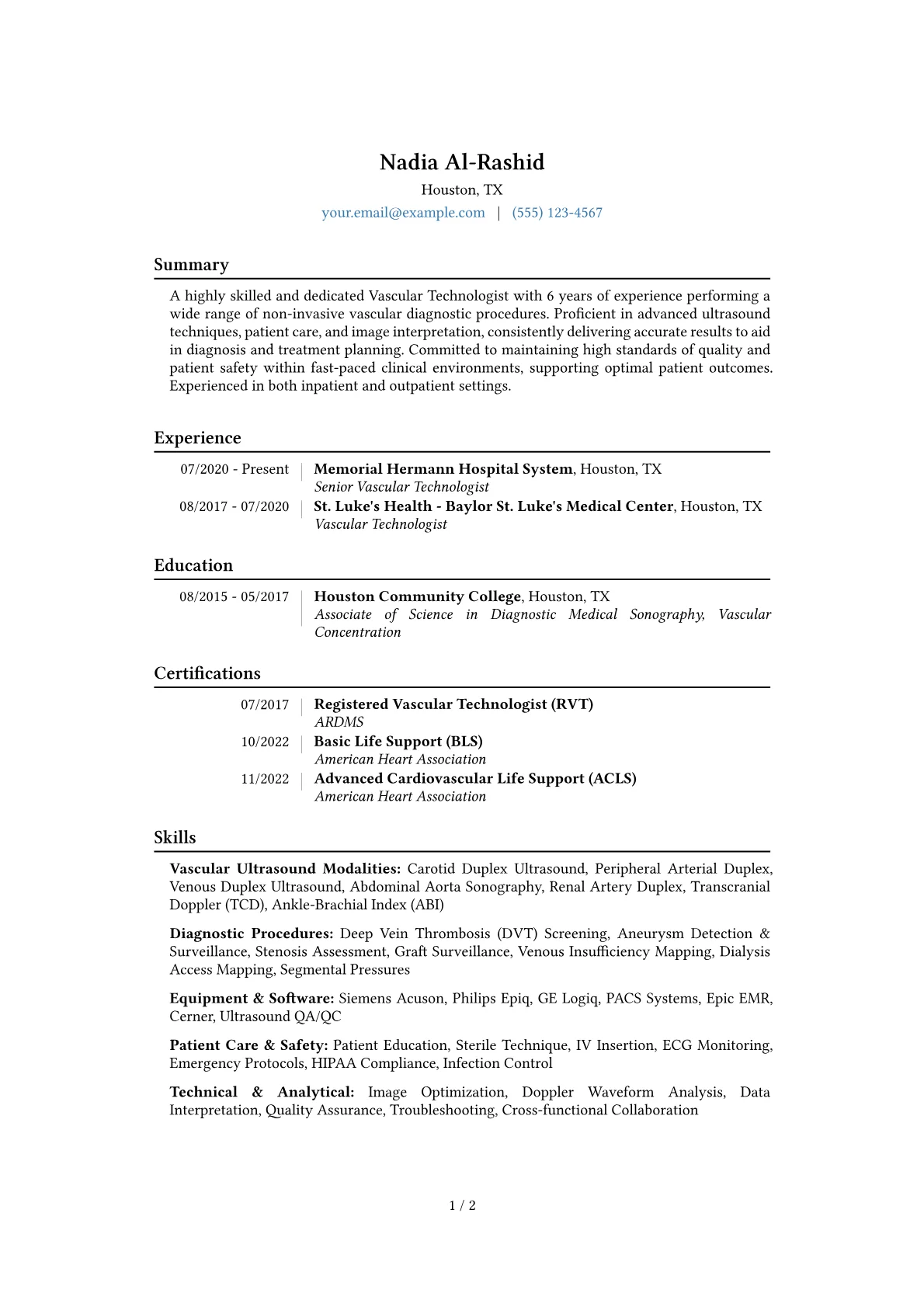 Vascular Technologist Resume Example CV template - Page 1